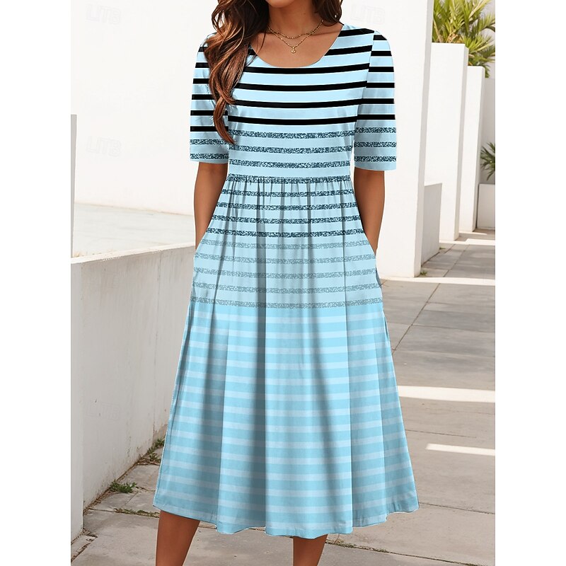 Women's Midi Dress Summer Dress Pleated Dress Vacation Casual Holiday Regular Fit Graphic Geometric Striped Half Sleeve Crew Neck Pink Blue Purple Summer Spring3