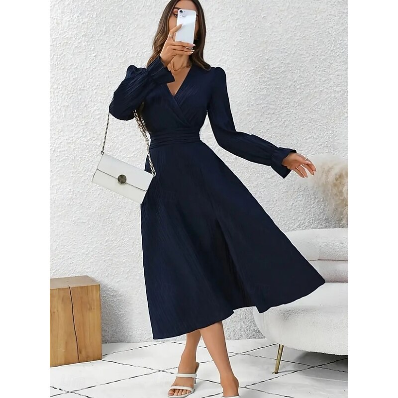 Women's Midi Dress Black Dress Cocktail Dress Wedding Guest Dress Chiffon Fashion Modern Outdoor Vacation Regular Fit Plain Long Sleeve V Neck Navy Blue Summer Spring4
