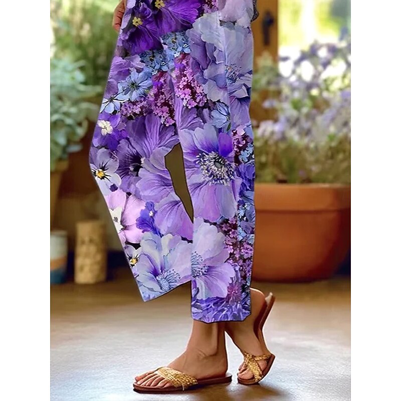 Women's Chinos Vacation Vintage Ethnic Style Full Length High Waist Floral Graphic Pocket Soft Outdoor Breathable Inelastic Outdoor Vacation Street Lilac Summer Spring Fall Regular Fit3