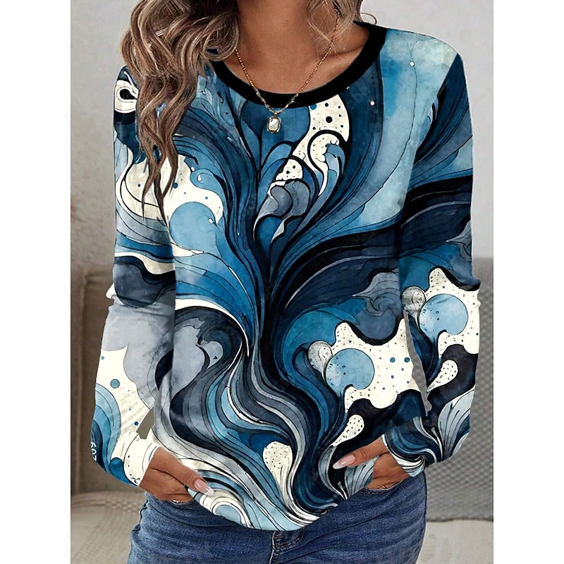 Easter Women's T shirt Crew Neck Long Sleeve Tunic Graphic Cloud Abstract Vintage Stylish Classic  Round Neck Regular Tops Daily Print Yellow Dusty Blue Fall