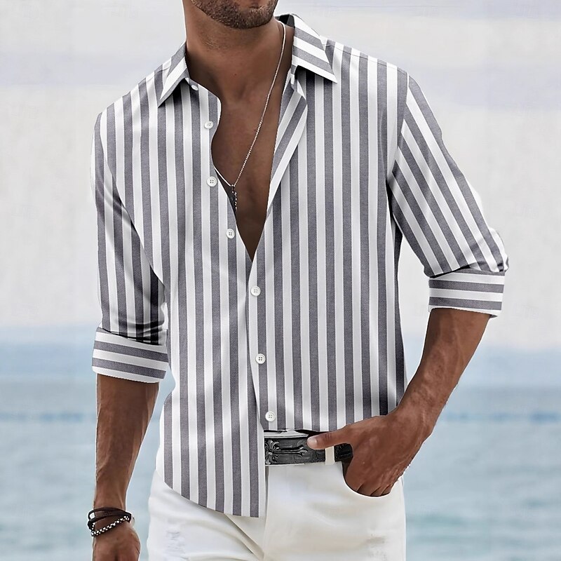 Men's Summer Shirt Casual Shirt Beach Shirt Button Up Shirt Black Pink Dark Navy Sky Blue Light Grey Long Sleeve Stripes Lapel Vacation Hawaiian Button-Down Clothing Apparel Polyester Fashion Casual4