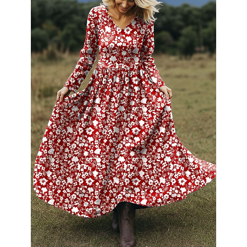 Women's Maxi Dress A Line Dress Vacation Casual Boho Beach Regular Fit Floral Graphic Long Sleeve V Neck Red Blue Purple Green Spring Fall