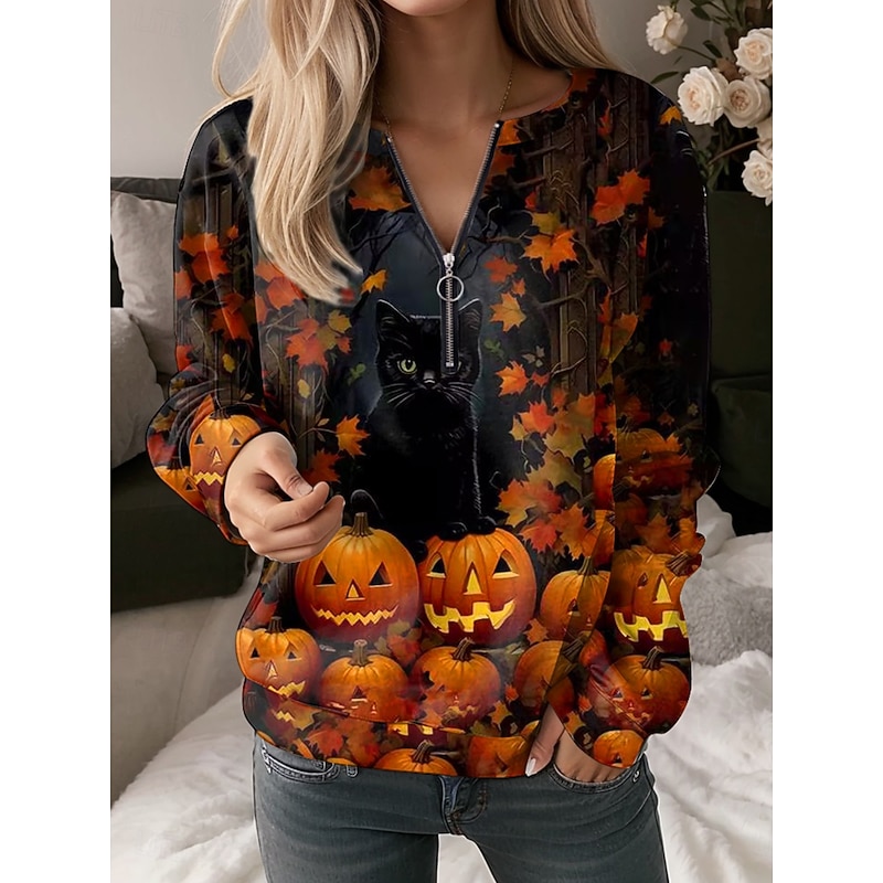 Halloween Women's Quarter Zipper Sweater Black Cat Graphic Pumpkin Casual Long Sleeve Crew Neck Regular Tops Street Dailywear Half Print Black Yellow Orange Fall Winter3