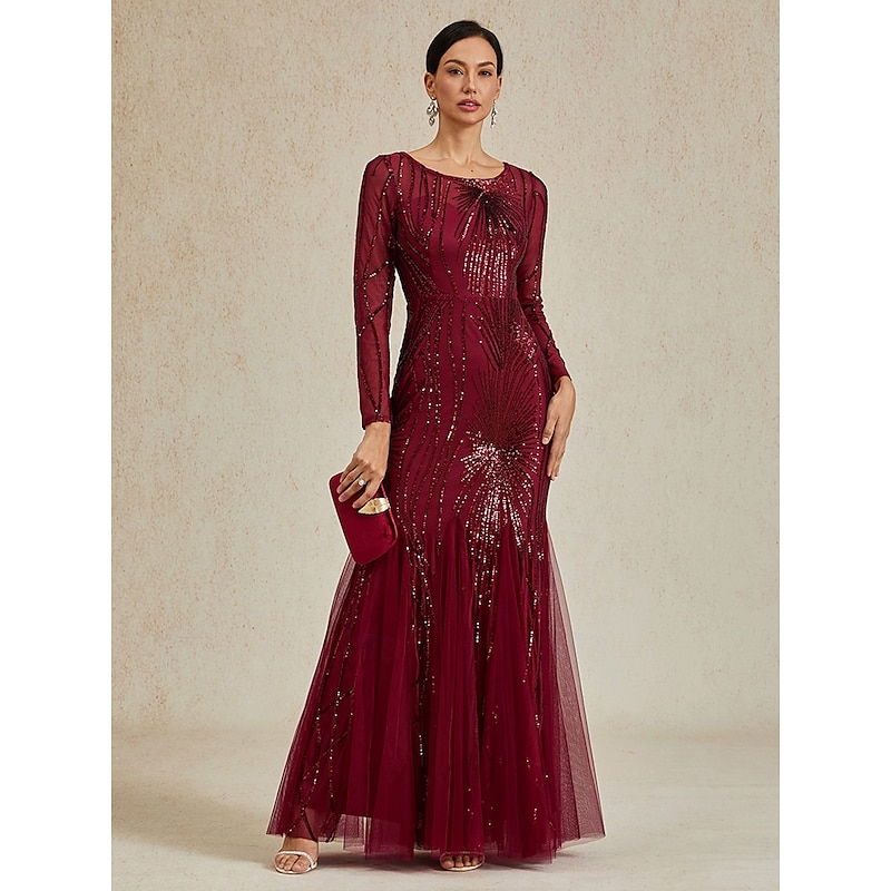 Women's Maxi Dress Trumpet Mermaid Dress Elegant Party Formal Cocktail Party Regular Fit Solid Color Long Sleeve Crew Neck Burgundy Spring Fall Winter