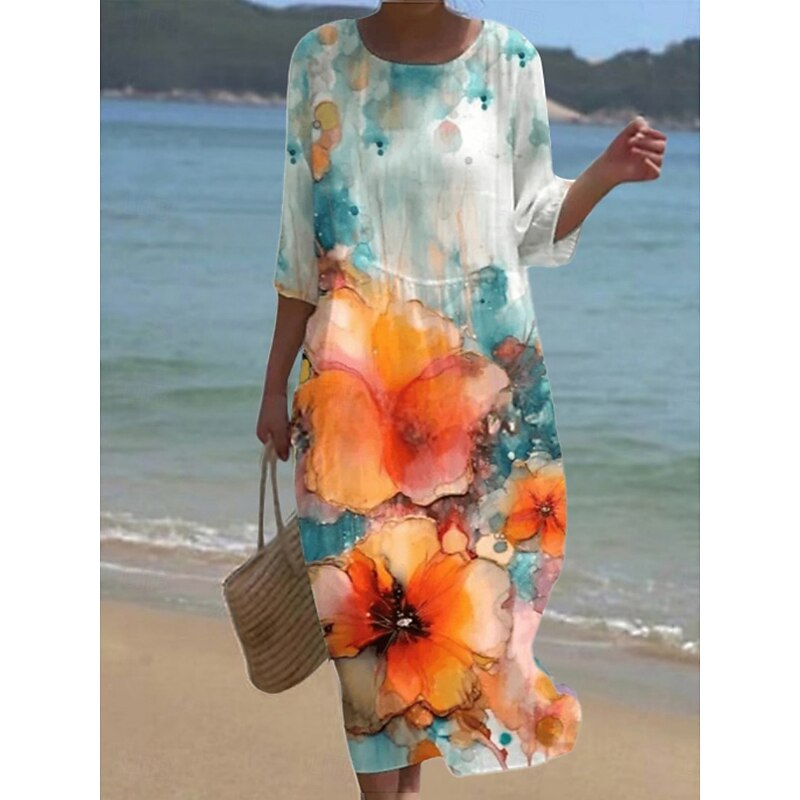 Women's Midi Dress Casual Dress Print Dress Fashion Modern Daily Beach Weekend Regular Fit Floral 3/4 Length Sleeve Crew Neck White Yellow Royal Blue Khaki Spring Fall Autumn4