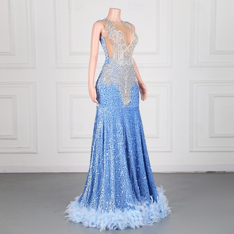 Mermaid / Trumpet Evening Gown Elegant Dress Formal Prom Sweep / Brush Train Sleeveless Crew Neck Sequined Backless with Sequin Appliques4