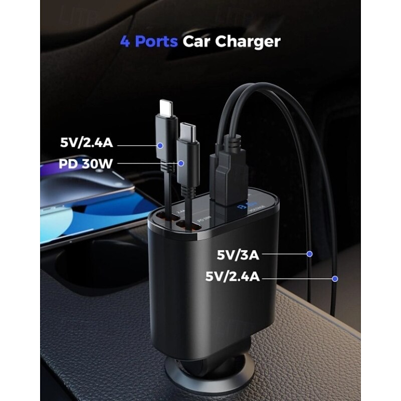 Retractable Car Charger 4 in 1 Fast Car Phone Charger Adapter with Type C & Apple Cords Compatible with iPhone 16/15/14/13/12/11, Galaxy, Pixel3