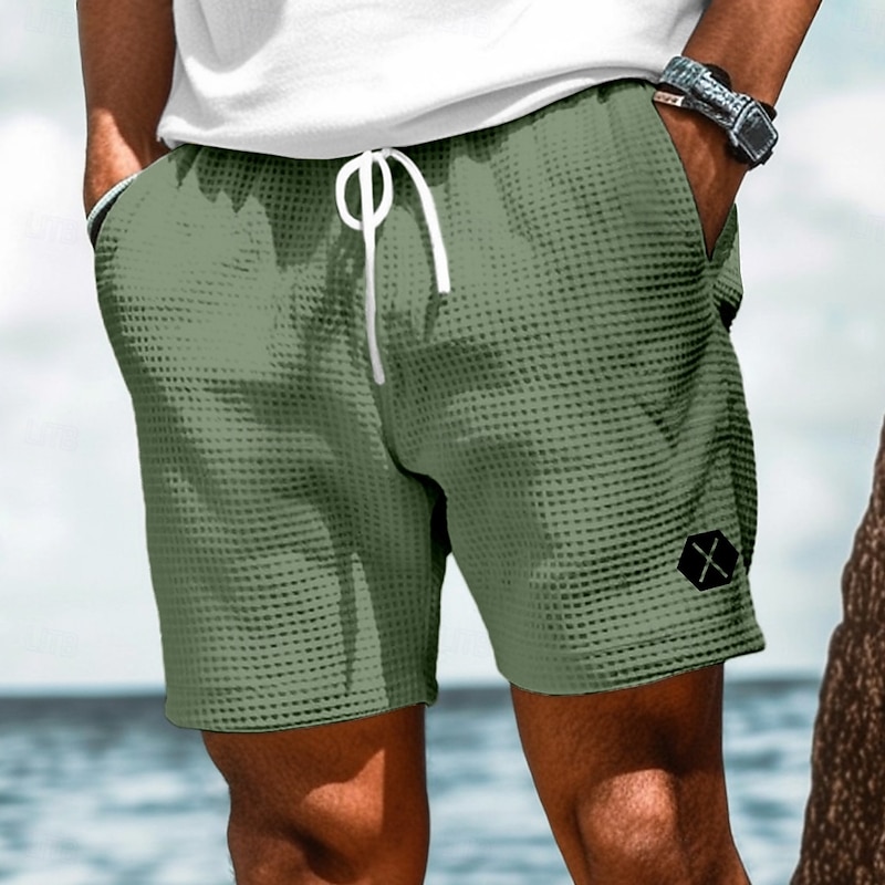Men's Waffle Sweat Shorts Shorts Bermuda shorts Beach Shorts Elastic Waist Plain Comfort Sports Knee Length Yoga Daily Beach Vacation Ethnic Style White Blue Stretchy