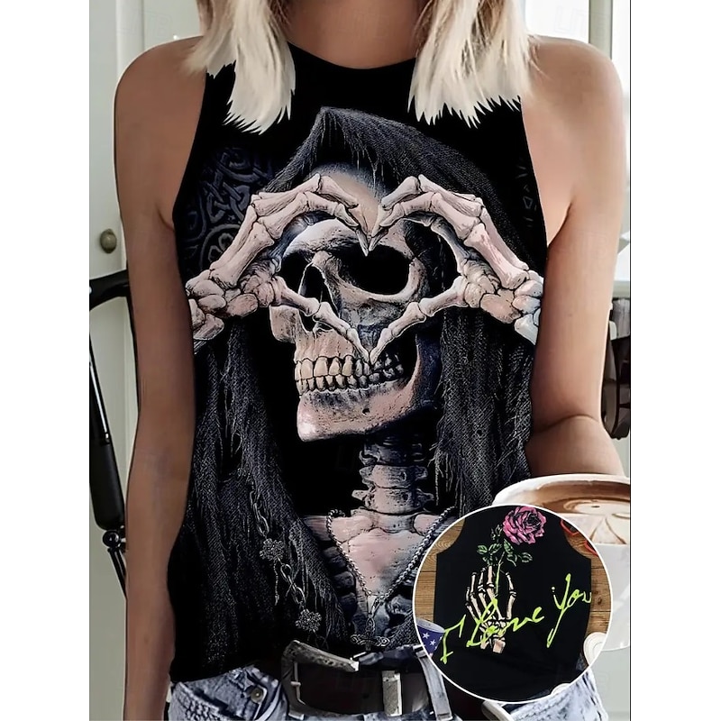 Halloween Women's Shirt Blouse Graphic Letter Bohemia Hawaiian Ethnic Sleeveless Crew Neck Regular Tops Daily Print Black Dark Gray Summer Spring