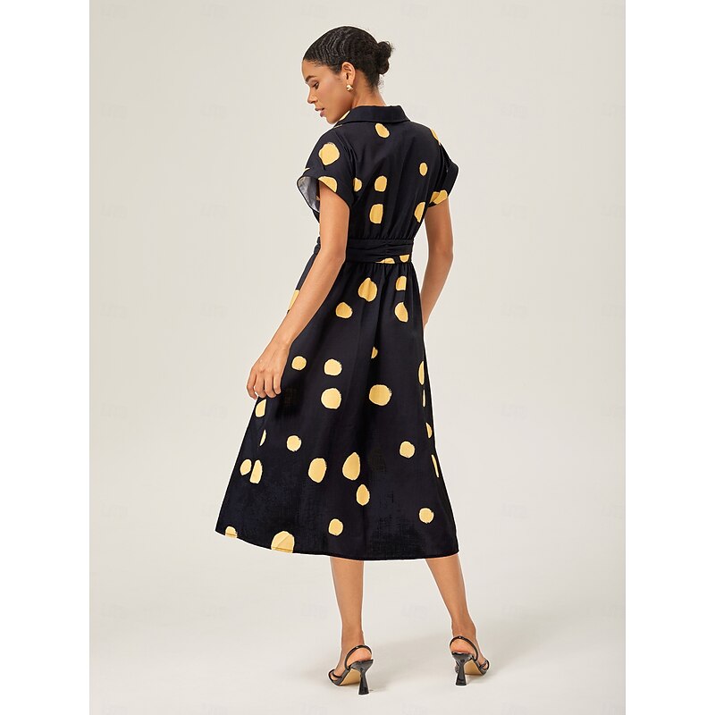 Retro Black Yellow Polka Dot Cinched Dress3
