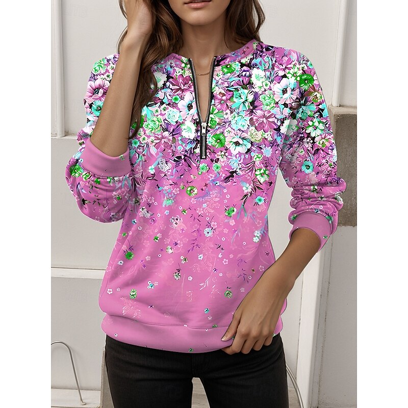 Women's Pullover Sweatshirt Zip Up Sweatshirts Floral Graphic Fashion Casual Long Sleeve Crew Neck Regular Tops Street Dailywear Zipper Print Yellow Pink Blue Orange Green Fall Winter4