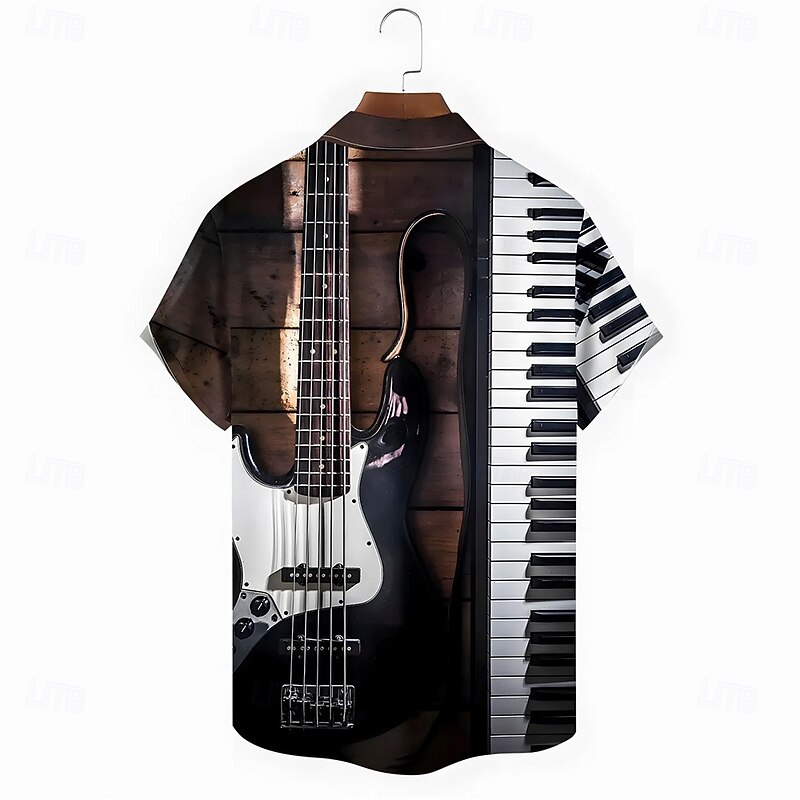 Men's Boardmasters Guitar Piano Shirt Summer Shirt Button Up Shirt Short Sleeve Vintage Retro Outdoor Vacation Dailywear Summer Spring Turndown 3D Print Collared Shirts Front One Pocket Black Brown2