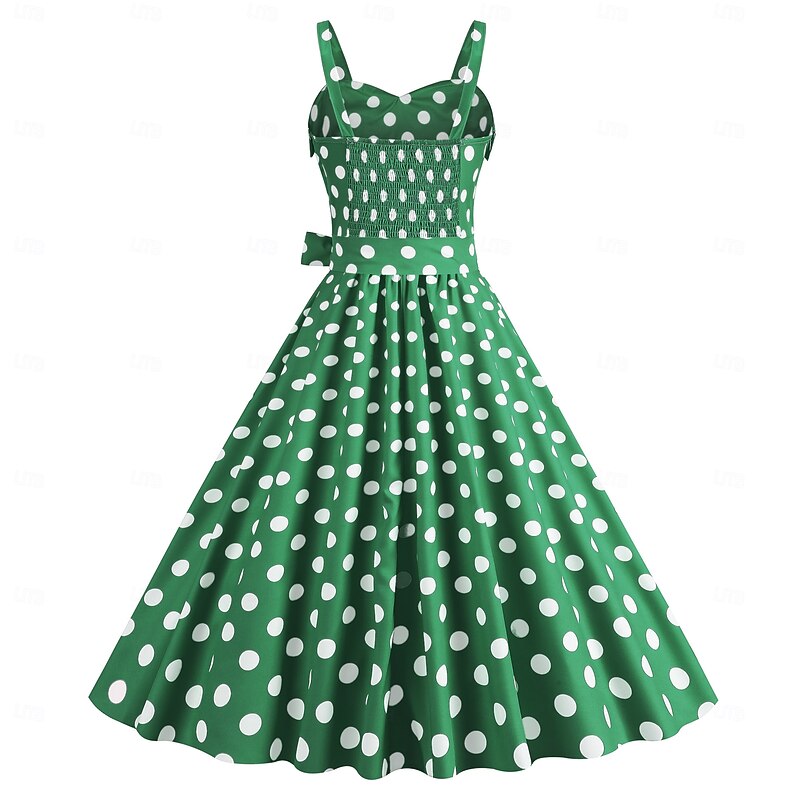 Retro Vintage 1950s Grease Outfits Rockabilly Midi Dress Swing Dress Flare Dress With Belt Spaghetti Strap Polka dots A-Line Fancy Dress Women's Carnival Daily Wear Tea Party Retro Adults Dress Spring3