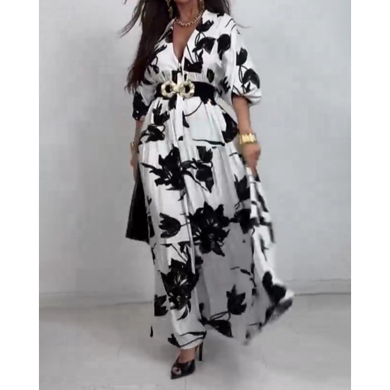 Women's Midi Dress Print Dress Fashion Modern Outdoor Vacation Holiday Regular Fit Flower 3/4 Length Sleeve V Neck Black And White Fall3