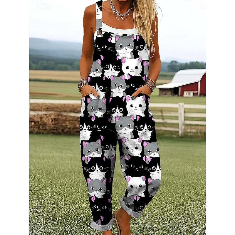 Women's Dungarees Active Graphic Sleeveless Wide Leg Print Vacation Street Loose Fit Yellow Pink Blue Summer