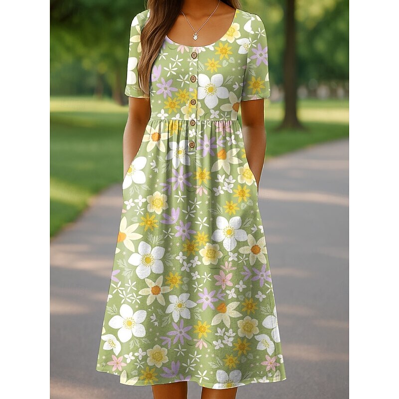 Women's Midi Dress Casual Dress Sundress A Line Dress Summer Dress Vacation Casual Beach Holiday Regular Fit Floral Graphic Short Sleeve Crew Neck White Pink Purple Green Summer Spring3