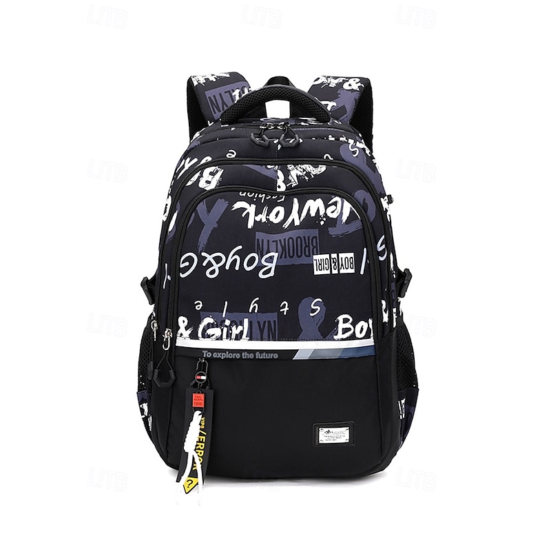 Waterproof Graffiti Print School Backpack for Teens – Large Capacity Black Bookbag with Padded Laptop Compartment, Stylish Travel Bag for Boys and Girls3