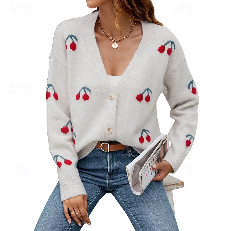 Women's Sweater Cardigan Fashion Streetwear Daily Fruit Ribbed V Neck Knitted Long Sleeve Regular Tops Knit Holiday Going out Weekend White Fall Winter4
