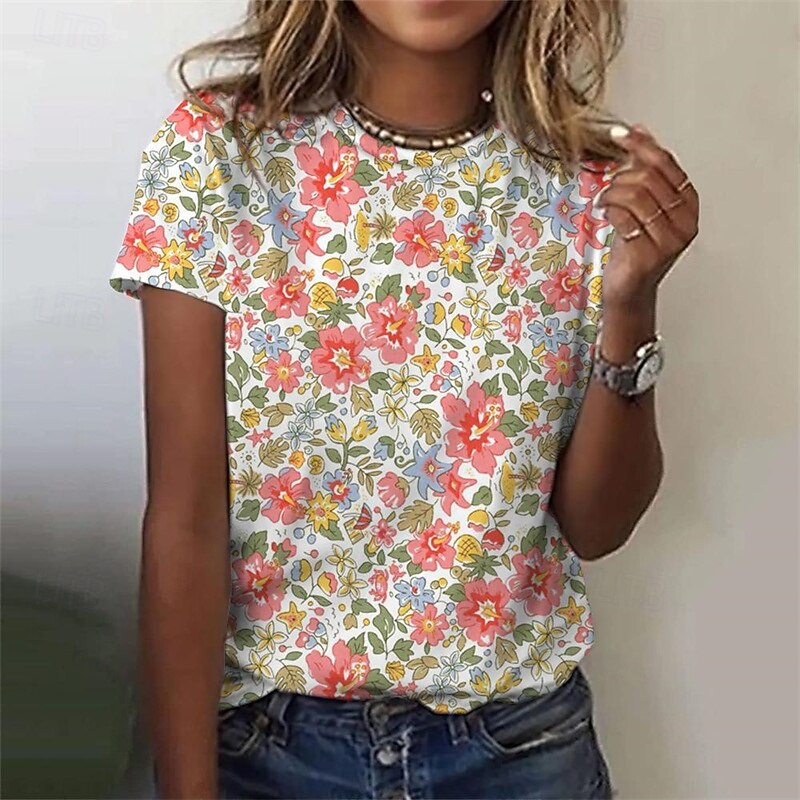 Women's T Shirt Floral Fashion Modern Short Sleeve Crew Neck Regular Tops Daily Print Yellow Pink Gray Summer3