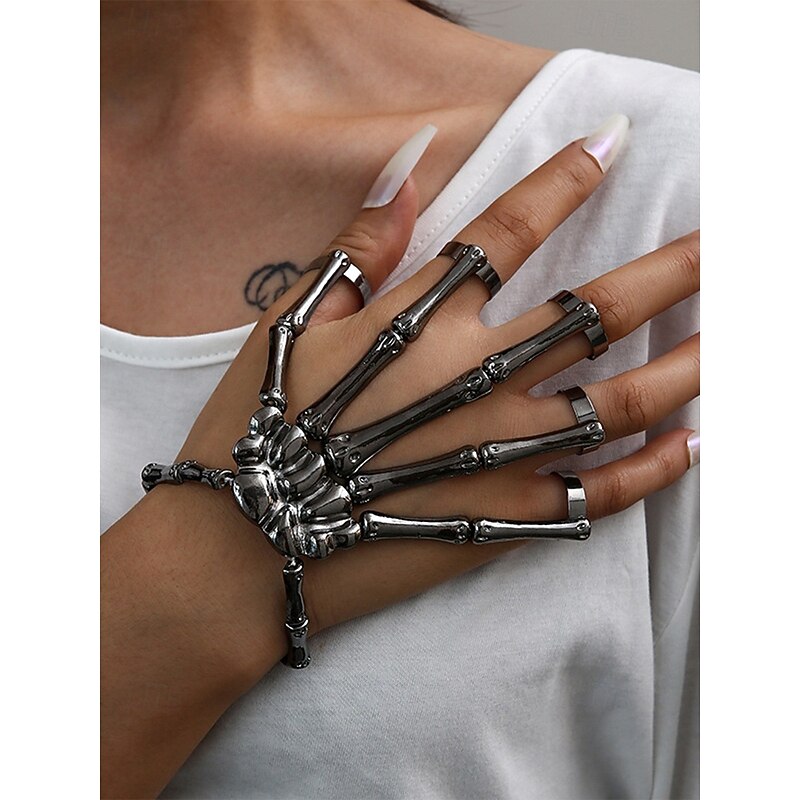 Women's Halloween Alloy Skeleton Hand Bracelet – Adjustable Punk Gothic Style Finger Rings for Parties and Cosplay3