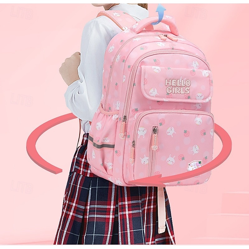 Girls' Pink Cartoon Backpack – Cute Waterproof School Bag with Bunny and Strawberry Print for Elementary Students2