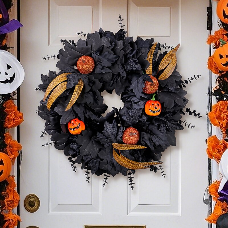 Halloween Wreath for Front Door Indoor Outdoor Decoration, Black Maple Leaf and Twig Garland with Faux Pumpkins, Spooky Vine Ring for Party Decor2
