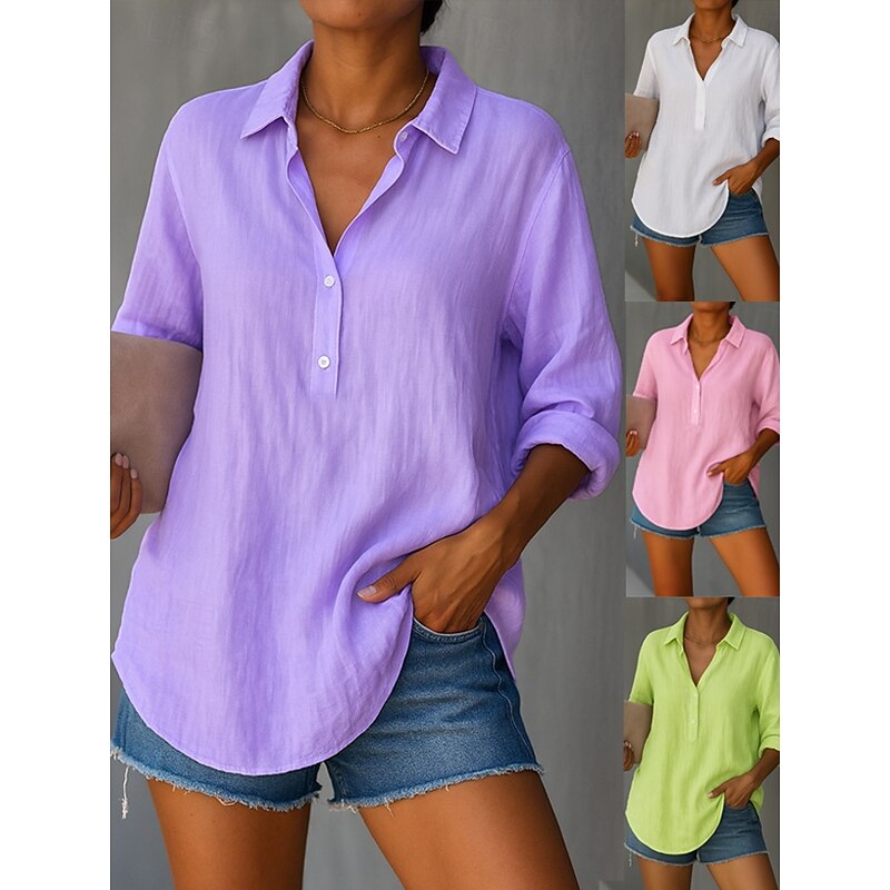 Women's 100% Cotton Blouse Solid Color Basic Casual Long Sleeve Shirt Collar Regular Tops Daily Buttons White Pink Purple Green Summer