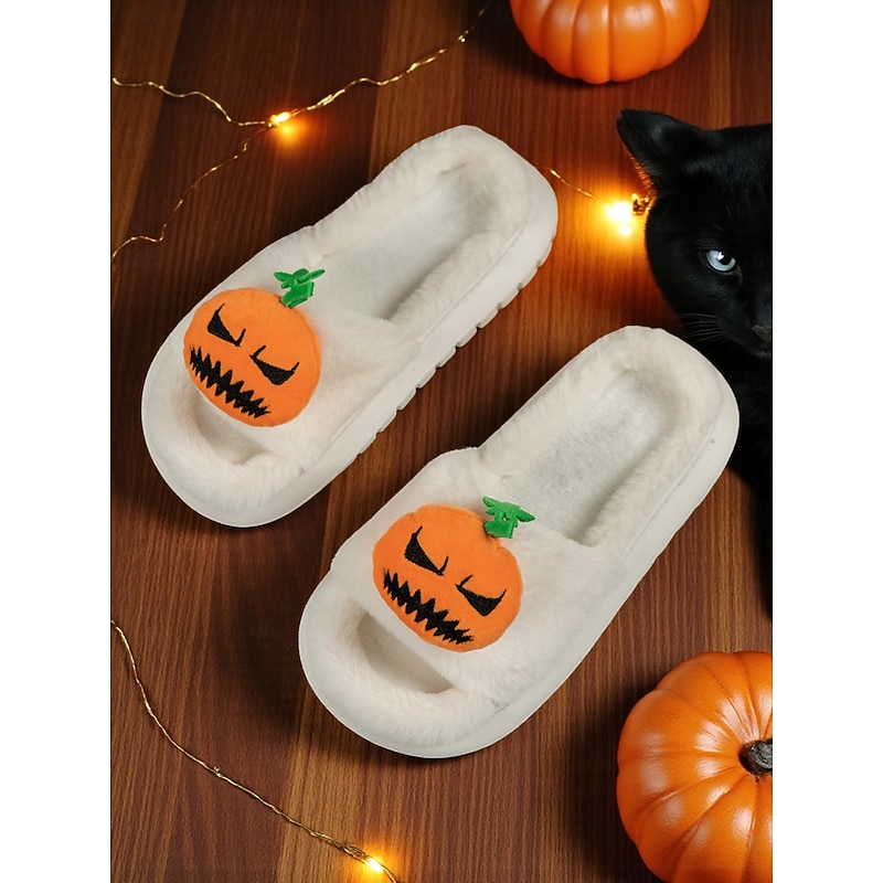 Women's White Fuzzy Halloween Pumpkin Slippers – Soft Indoor House Shoes with Funny Cartoon Design for Autumn and Holiday Lounge Wear4