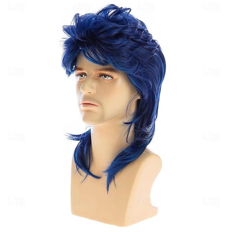 Mens Mullet Wig 70s 80s Halloween Cosplay Costume Wigs for Fancy DressBlue