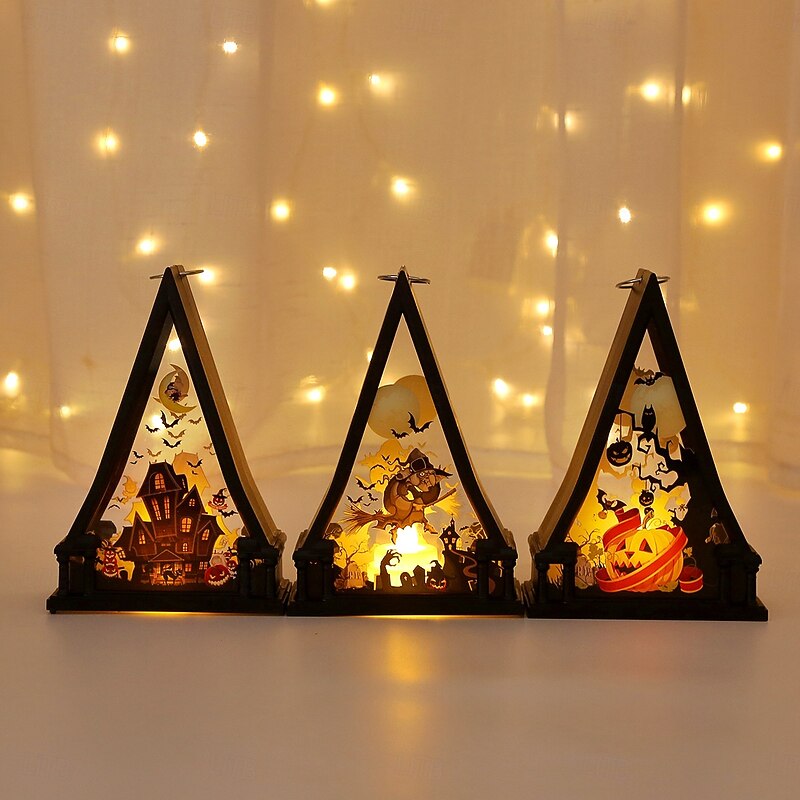 1 Pc 11.5cm Halloween Pumpkin Castle Witch Triangle Ornament Lamp Indoor Restaurant Bedroom Party Atmosphere Decoration Lamp Hanging Lantern4