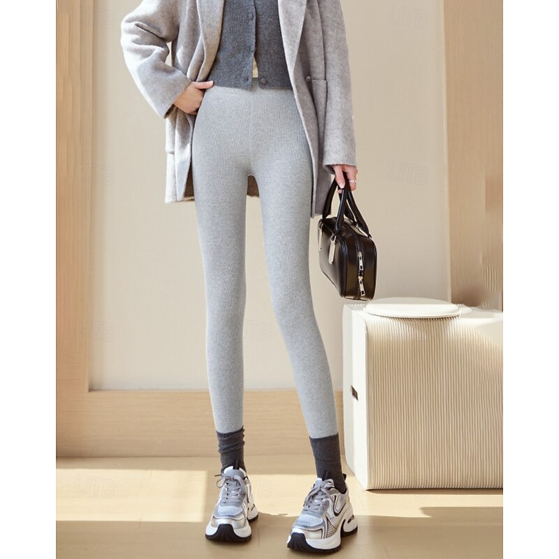 Women's Slacks Leggings Cozy Fleece Lined Streetwear Casual Full Length Natural Plain Elastic Waist Soft Outdoor Vacation Holiday Dark-Gray Black Light Grey Winter Regular Fit2