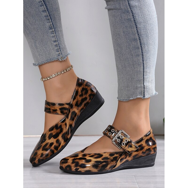 Leopard Print Faux Patent Leather Mary Jane Flats for Women – Adjustable Buckle Strap, Stylish and Comfortable Slip-On Footwear2