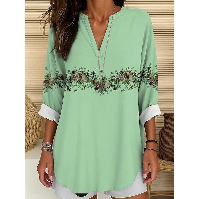 Women's Blouse Tunic V Neck Long Sleeve Boho Casual Tops Floral Graphic Vintage Tropical Long Tops Daily Wear Print White Pink Blue Green Fall4