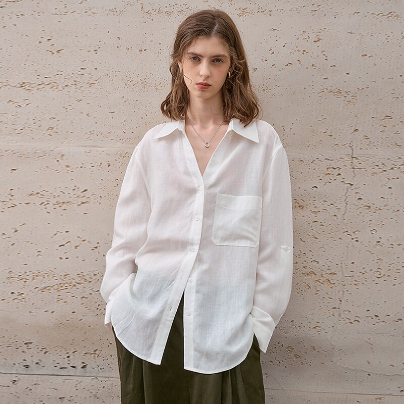 Women's 100% Linen  Shirt Solid Color Elegant Vintage Daily Long Sleeve Shirt Collar Regular Tops Work Daily Holiday Light Yellow Big white Summer Spring Fall