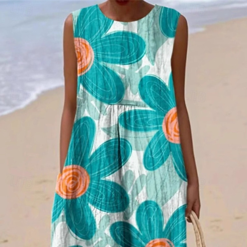 Women's Midi Dress Casual Dress Summer Dress Fashion Modern Daily Beach Weekend Regular Fit Flower Sleeveless Crew Neck Light Blue Spring Fall2