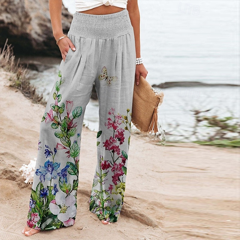 Women's Wide Leg Slacks Streetwear Casual Full Length Natural Flower Pocket Printing Comfortable Street Holiday Daily Wear Grey Pink Blue Purple Fall Regular Fit4