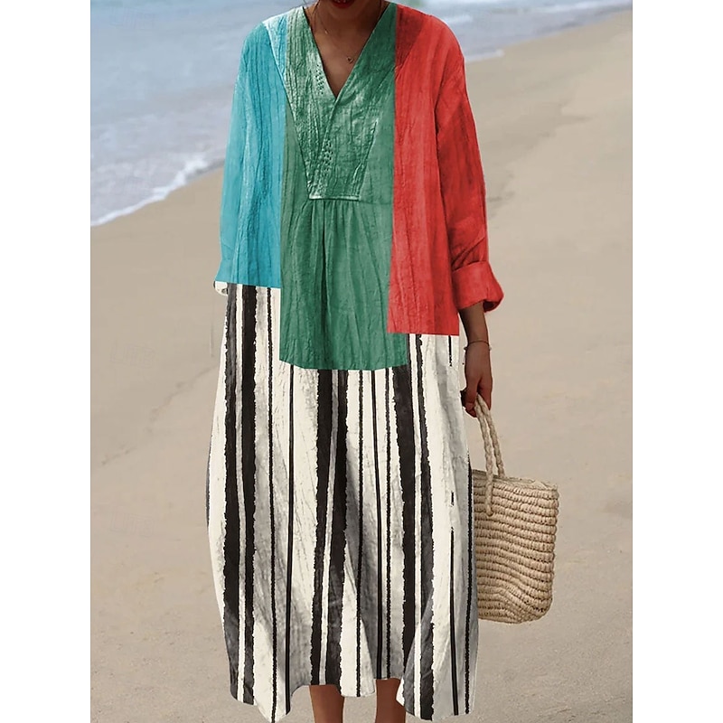 Women's Midi Dress V Neck Long Sleeve Kaftan Lightweight Loose Fit A Line Dress Casual Boho Party Loose Fit Graphic Geometric Long Sleeve V Neck Yellow Pink Blue Orange Fall4