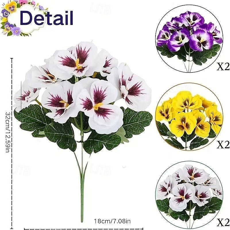 6 Bundles Artificial Pansy Flowers for Outdoor Indoor Use, Weather Resistant Fake Plastic Plants for Garden, Home Decor, White Purple Yellow2