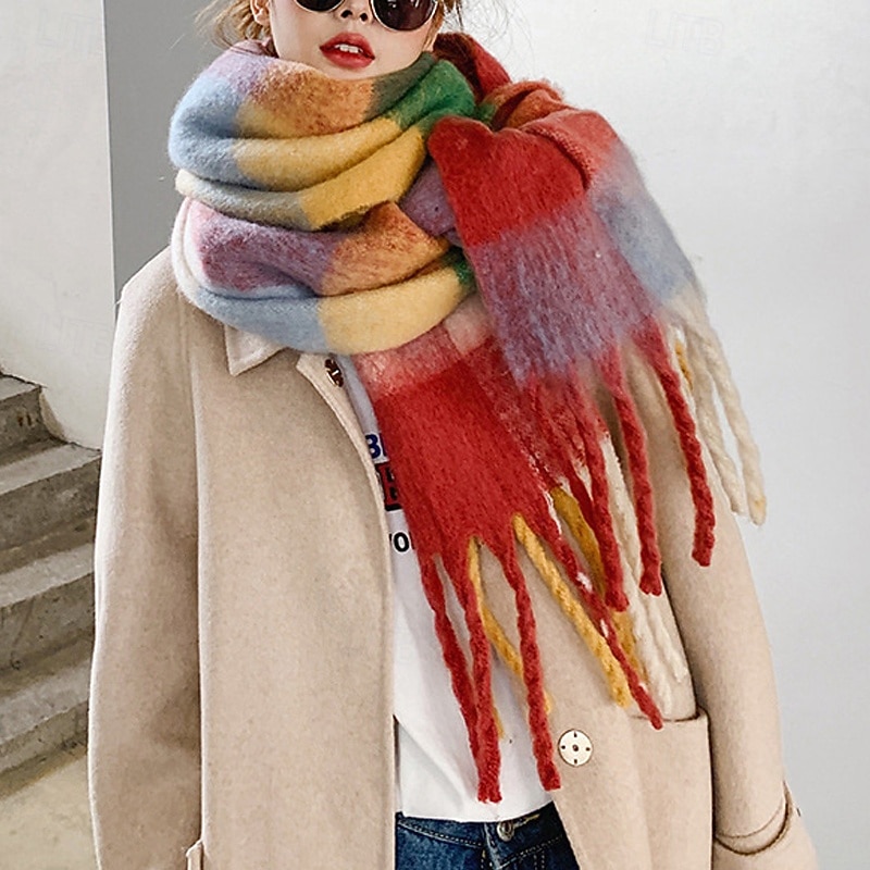 Women's Rectangle Scarf Women's Shawls & Wraps Street Daily Date Wine Blue Orange Scarf Plaid