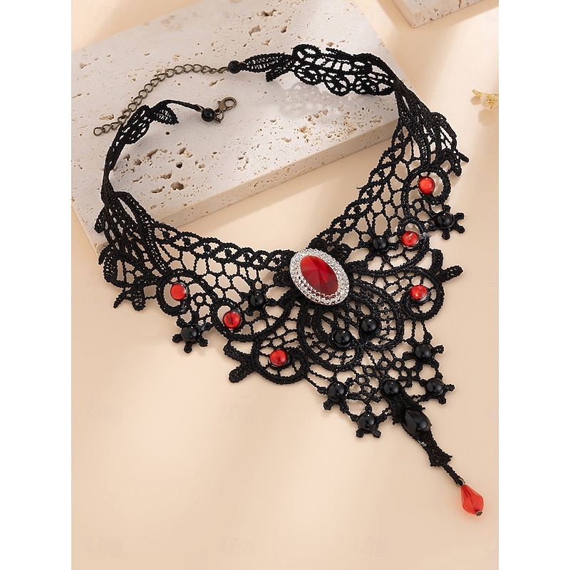Women's Gothic Lace Choker Necklace - Black Vintage Victorian Style with Red Gemstone and Beaded Details, Elegant Statement Jewelry for Gothic Parties and Cosplay Events3
