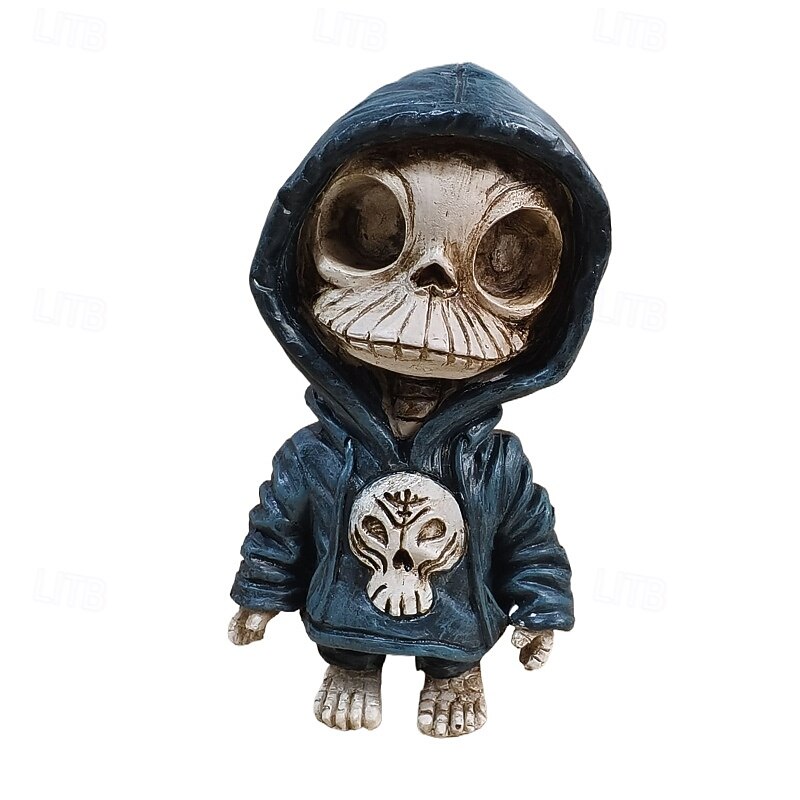 Halloween Hoodie Skeleton Figurine, Resin Skull Statue for Yard, Desktop or Table Decor, Creative Skeleton Ornament for Spooky Halloween Decoration4