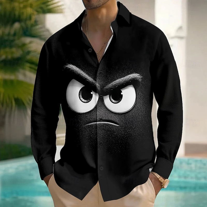 Men's Cartoon Funny Smile Face Shirt Button Up Shirt Long Sleeve Fashion Casual Outdoor Daily Streetwear Spring Fall Turndown 3D Print Front One Pocket Linen Like Shirt Black Blue Purple Orange