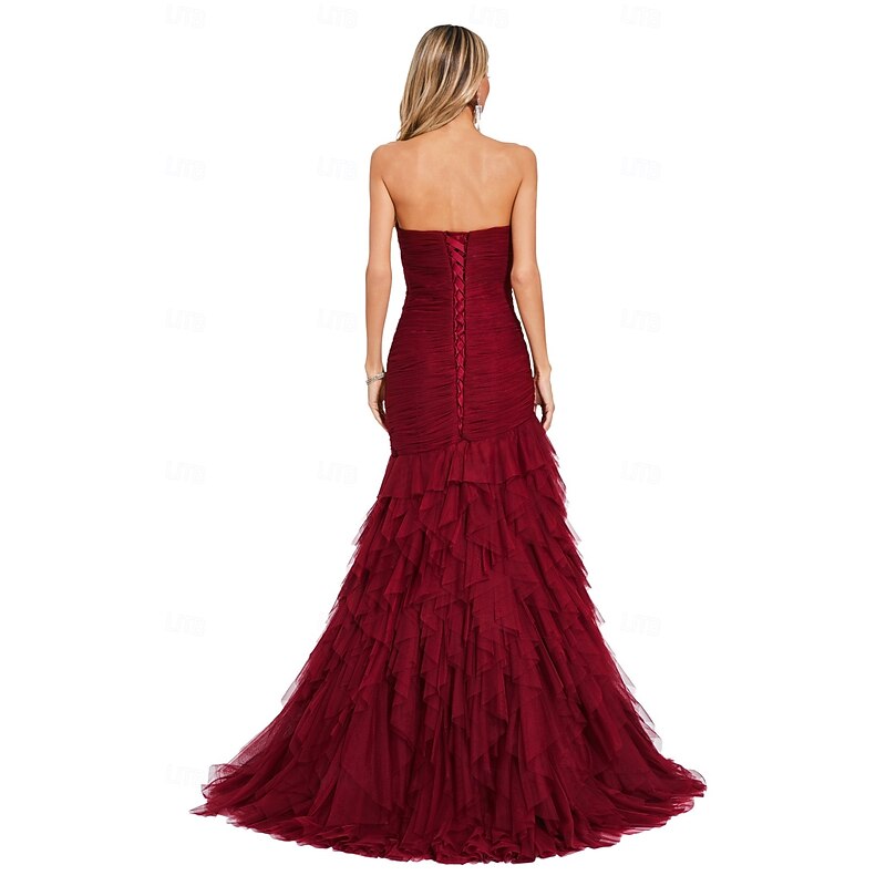 Mermaid / Trumpet Evening Gown Elegant Dress Formal Prom Court Train Sleeveless Sweetheart Tulle with Pleats Shawl4