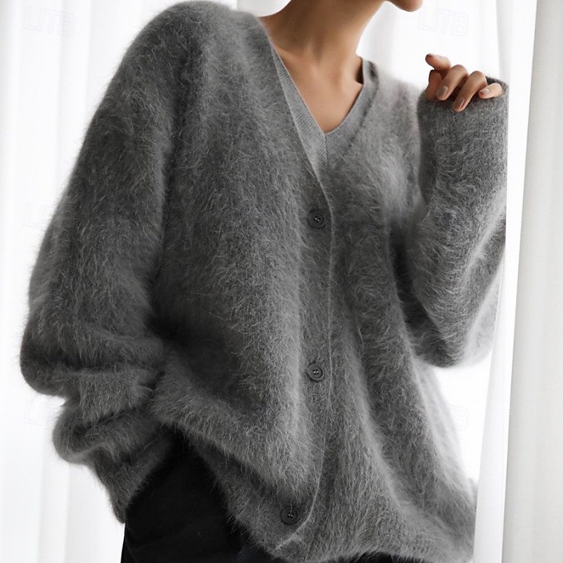 Women's Sweater Cardigan Fashion Streetwear Daily Solid Color Ribbed V Neck Knitted Long Sleeve Long Tops Knit Holiday Going out Weekend Khaki Light Grey Fall Winter2