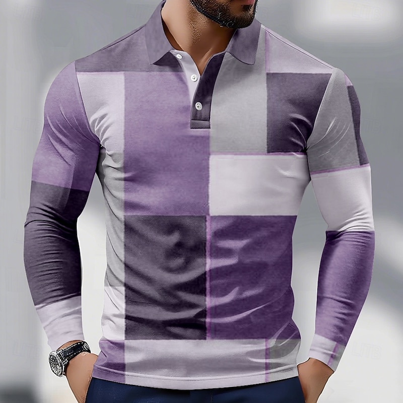 Men's Color Block Polo Long Sleeve Polo Shirts Collared Shirts Business Casual Athleisure Daily Wear 3D Print Spring Fall Blue Purple Brown4