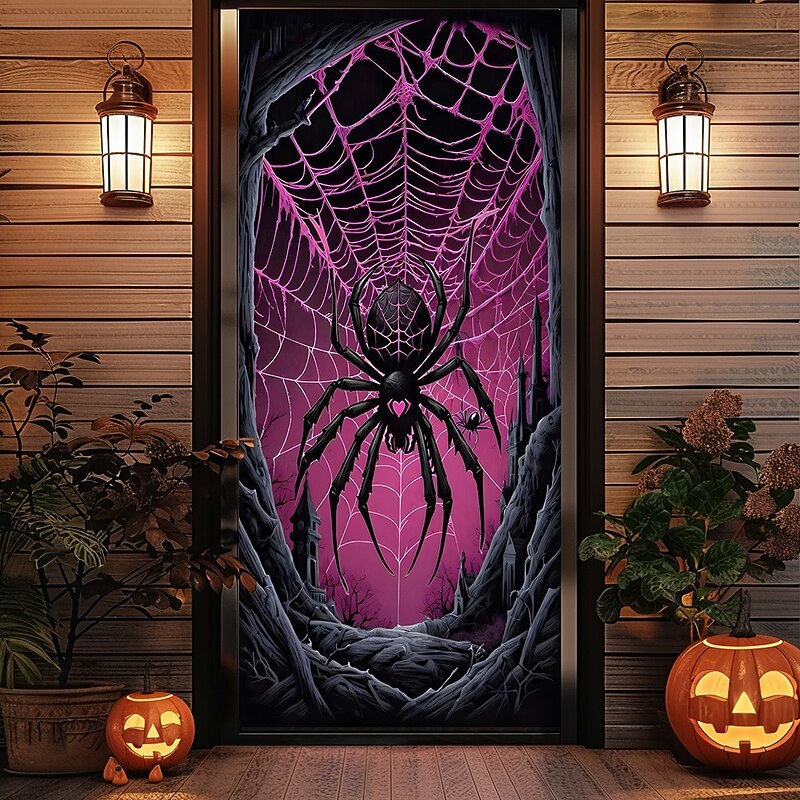 Halloween Door Covers Door Hanging Spider Tapestry Door Curtain Decoration Backdrop Door Banner for Front Door Farmhouse Holiday Party Indoor Outdoor Decor Supplies4