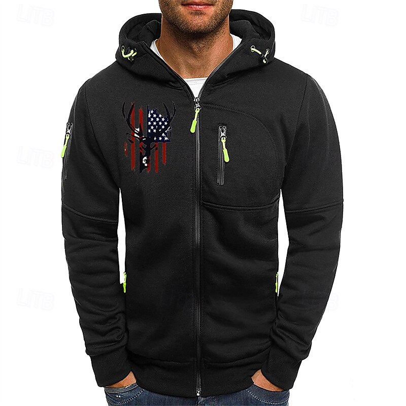 Men's Hoodie Full Zip Hoodie Black White Navy Blue Light Grey Dark Gray Hooded Elk National Flag Pocket Print Sports & Outdoor Daily Holiday Polyester Streetwear Basic Casual Spring Fall Clothing4