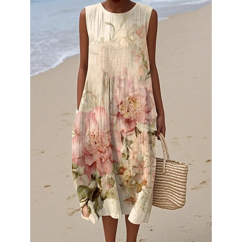 Women's Midi Dress Sundress Shift Dress A Line Dress Vacation Casual Boho Going out Beach Loose Fit Floral Graphic Sleeveless Crewneck Pink Purple Green off-white Summer Spring3