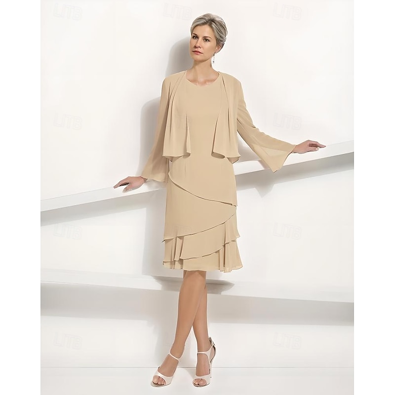 Two Piece Jacket Dress A-Line Mother of the Bride Dress Elegant Simple Luxurious Scoop Neck Knee Length Chiffon Sleeveless Long Sleeve with Cascading Ruffles