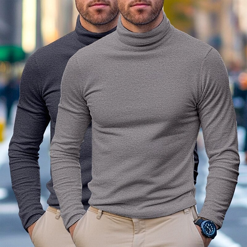 2Pcs Men's Tee Top Long Sleeve Shirt Mock Turtleneck Long Sleeve White Black Pile Neck Fall Winter Spring Fall Solid Color Plain Daily Casual Street Style 2 Piece High Neck Formal Outdoor Street3